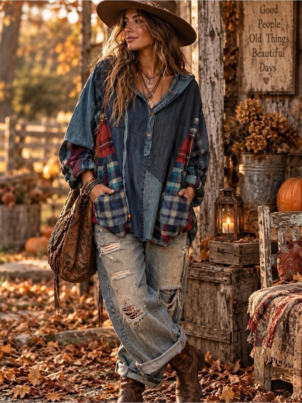 Young Threads Oversized Patchwork Hoodie Small Boho Western Plaid NWT
